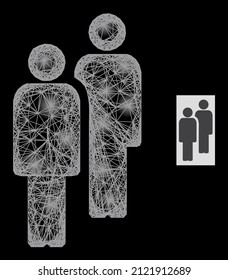 Constellation crossing mesh men with light spots on a black background. Light vector model is based on men glyph, with intersected mesh and light dots.