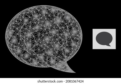 Constellation crossing mesh message cloud with light spots on a black background. Light vector constellation based on message cloud symbol, with hatched net and lightspots.
