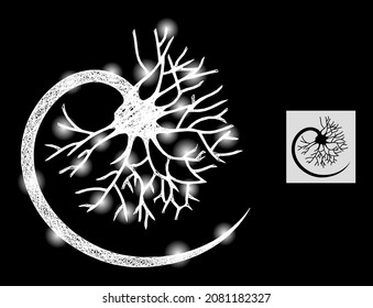 Constelación cruzando la neurona de malla con manchas brillantes en un fondo negro. La malla vectorial de luz se basa en el icono neuronal, con malla interseccionada y manchas luminosas.