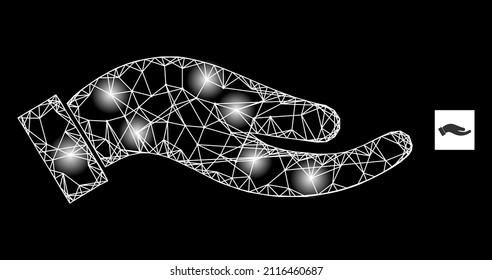 Constellation crossing mesh petition palm icon with glossy light spots. Illuminated model is done from petition palm vector icon and crossing lines. Constellation carcass petition palm,