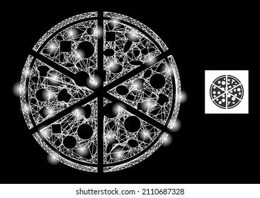 Constellation crossing mesh pizza portions icon with illuminated light spots. Illuminated constellation created from pizza portions vector icon and intersected lines. Sparkle frame pizza portions,
