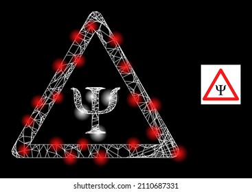 Constellation crossing mesh psychology danger icon with illuminated spots. Illuminated model is generated using psychology danger vector icon and crossing lines. Flare frame psychology danger,