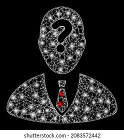 Constellation crossing mesh unknown boss with glowing spots. Vector model generated from unknown boss icon, and from crossing lines. Glowing carcass mesh unknown boss on a black background.