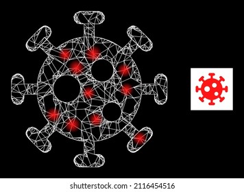 Constellation crossing mesh virus icon with glowing spots. Illuminated model generated using virus vector icon and crossing lines. Glowing carcass virus, on a black background.
