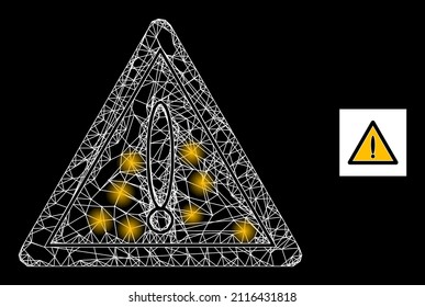 Konstellation überquert Maschenwarnsymbol mit hellen Punkten. Leuchtende Konstellation aus Warnzeichen, Vektorsymbol und Kreuzungslinien. Sternbild-Rahmenwarnung auf schwarzem Hintergrund.
