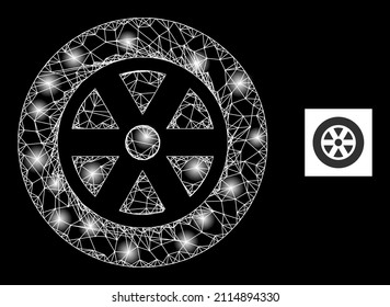 Constellation crossing mesh wheel icon with illuminated spots. Illuminated constellation generated using wheel vector icon and crossed lines. Glowing frame wheel, on a black background.