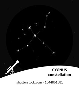 the constellation of Cygnus on a black background with a telescope