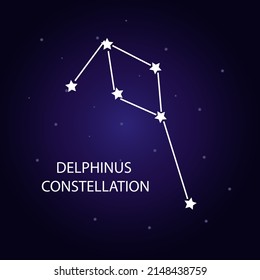 The constellation Delphinus with bright stars. A constellation on a dark blue background of the cosmic sky. Vector illustration.