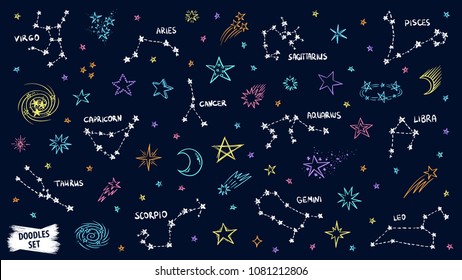 Constellation doodles. Zodiac sign. Stars sketch. Zodiac symbols. Constellation set. Cosmic. Space. Virgo. Aquarius. Libra. Capricorn. Aries. Gemini. Pisces. Cancer. Scorpio. Leo. Taurus. Sagittarius.