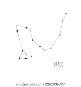 Constellation Draco en cielo estrellado. Doodle, boceto, iconos lineales de las 88 constelaciones sobre fondo blanco