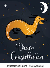 The constellation "Draco" star in the night sky with the dragon silhouette. Vector illustration