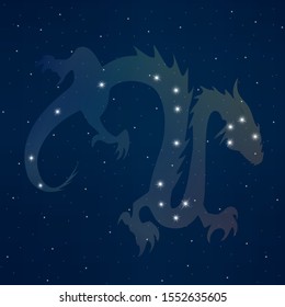 Constellation dragon. Abstract mythological creature on the starry sky. Silhouette of a chinese dragon.