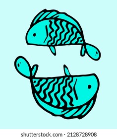 Konstellation der Fisch-Türkis-Symbol. zwei symmetrische Fische, die im Doodle-Stil mit schwarzer Umrisslinie und blauer Farbe gezeichnet sind, mit schwarzer Umrissansicht für die Design-Vorlage einzeln auf Zodiakzeichen