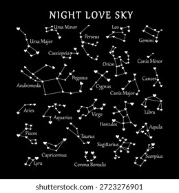 Constellation formed by hearts connected like stars in the night sky. Symbolizes love, romance, connection, and destiny, making it suitable for Valentine themes, astrology concepts, wedding projects