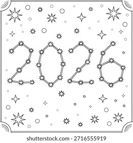 Una constelación que forma el año 2026 rodeada de estrellas y copos de nieve en una ilustración festiva