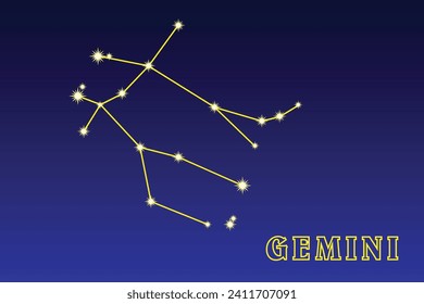 Constellation Gemini. Constellation Gemini. Illustration of the constellation Gemini. Zodiac constellation of the northern hemisphere of the sky. The brightest stars are orange Pollux and white Castor