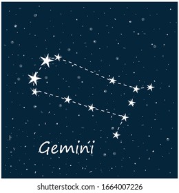 Constellation of Gemini in night starry sky. Vector stock illustration in cartoon style. Can be used as planetarium poster, postcard.