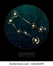 Constellation Gemini on a dark blue polygonal background. Starry Sky. Round black frame.