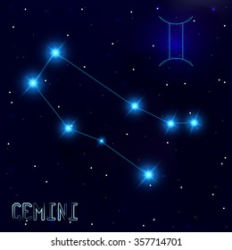 The Constellation Of Gemini. Starry sky. Dark blue background of space. Bright shining stars. Zodiac constellation. Astrological sign. Vector illustration.