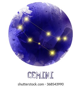 The Constellation Of Gemini. Starry sky. Dark watercolor background of space. Bright shining stars. Zodiac constellation. Astrological sign. Vector illustration.