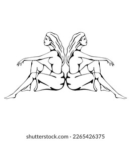 Constellation Gemini. Two girls sit back to back. Black line drawing. Vector illustration