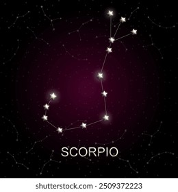 "A constelação de Escorpião brilha contra um céu estrelado roxo escuro, perfeito para astrologia, zodíaco e obras de arte e projetos de temática celeste."