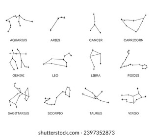 Constellation horoscope. Astronomical star constellations. minimalistic Vector illustration.  Aquarius, Leo, Libra, Sagittarius, Capricorn, Scorpio, Cancer, Aries, Taurus, Virgo, Pisces, Gemini