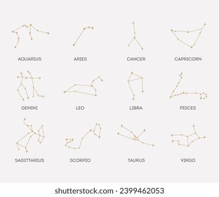 Constellation horoscope. Astronomical star constellations. Constellation minimalistic Vector illustration.  12 zodiac signs