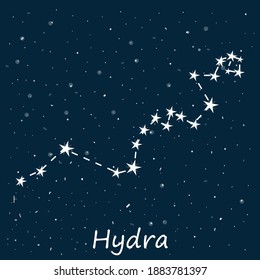 Constellation of Hydra in starry night sky. Celestial body in space, latin inscription. Vector stock illustration in cartoon style. Can be used in astronomy textbooks, fashion magazines.