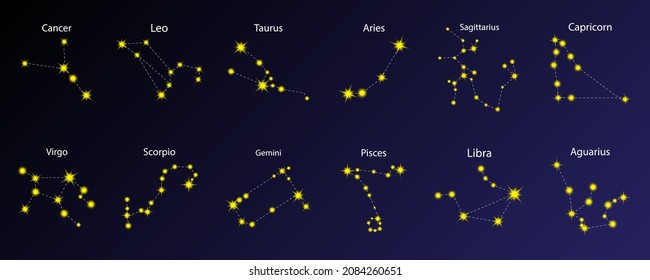 Constellation icons set. Stellar galaxy background. Zodiac symbols. Astrology elements. Vector illustration. Stock image.