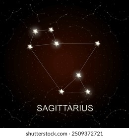 “Constelación de Sagitario iluminada contra un cielo estrellado rojo oscuro, ideal para la astrología, el zodíaco y las obras de arte y diseños de temática celestial”.