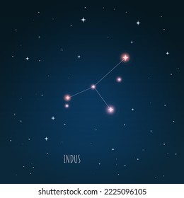 Constellation Indus scheme in starry sky. Open space. Vector illustration Indus constellation in open space through a telescope