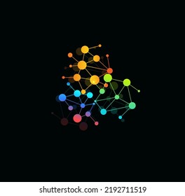 Constellation, interconnected colored dots, cartoon logo concept. Bubbles structure shape, isolated icon. Connected color beats vector illustration for science, technology and medical graphic