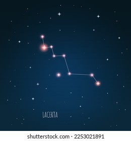 Constellation Lacerta scheme in starry sky. Open space. Vector illustration, constellation  through a telescope