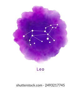 Constellation Leo on a bright purple watercolor splash stain isolated on a white background. Zodiac sign, horoscope symbol on handmade watercolor texture. Vector illustration for astrology.