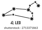 A constellation of Leo is shown with a black outline and white stars