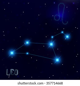 The Constellation Of Leo. Starry sky. Dark blue background of space. Bright shining stars. Zodiac constellation. Astrological sign. Vector illustration.