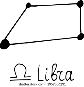 constellation Libra icon and lettering. hand drawn doodle style. vector, minimalism, monochrome, sketch. zodiac sign horoscope