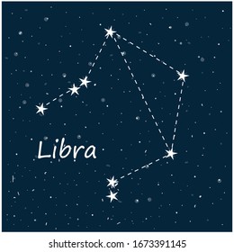 Constellation of Libra in night starry sky. Vector stock illustration in cartoon style. Can be used as planetarium poster, postcard.