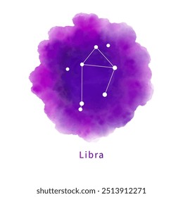 Constellation Libra on a bright purple watercolor stain isolated on a white background. Zodiac sign, horoscope symbol on handmade watercolor texture. Vector illustration.