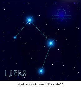 The Constellation Of Libra. Starry sky. Dark blue background of space. Bright shining stars. Zodiac constellation. Astrological sign. Vector illustration.