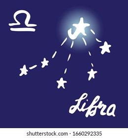 Constellation Of Libra. vector illustration.Shining zodiac Sign, symbol and calligraphic name drawn by hand on a dark blue background. Doodle style.  