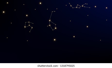 Constellation Map. Astronomical Print. Beautiful Cosmic Sky with Many Stars.     Blue Galaxy Pattern. Vector Constellation Map Background.