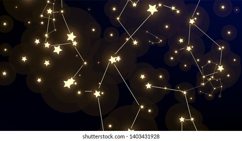 Constellation Map. Astronomical Print. Beautiful Cosmic Sky with Many Stars.     Gradient Blue Galaxy Pattern. Vector Zodiac Sky Background.