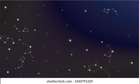 Constellation Map. Astronomical Print. Beautiful Cosmic Sky with Many Stars.     Dark Blue Galaxy Pattern. Vector Sky Cosmos Background.