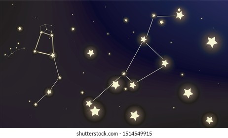 Constellation Map. Astronomical Print. Blue Galaxy Pattern. Beautiful Cosmic Sky with Many Stars.     Vector Stars Background.