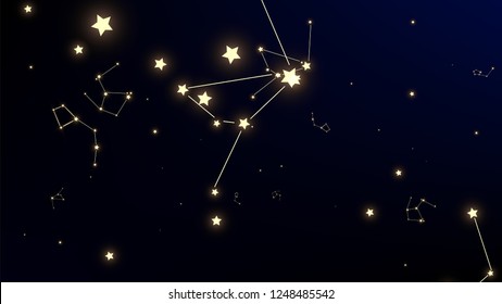 Constellation Map. Astronomical Print. Dark Blue Galaxy Pattern. Beautiful Cosmic Sky with Many Stars.     Vector Stars Background.