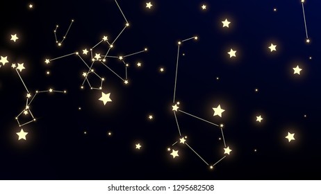 Constellation Map. Astronomical Print. Dark Blue Galaxy Pattern. Shining Cosmic Sky with Many Stars.     Vector Zodiac Sky Background.