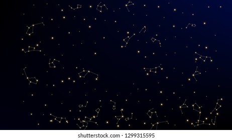 Constellation Map. Astronomical Print. Dark Galaxy Pattern. Beautiful Cosmic Sky with Many Stars.     Vector Space Stars Background.
