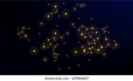 Constellation Map. Astronomical Print. Dark Blue Galaxy Pattern. Mystic Cosmic Sky with Many Stars.     Vector Zodiac Sky Background.